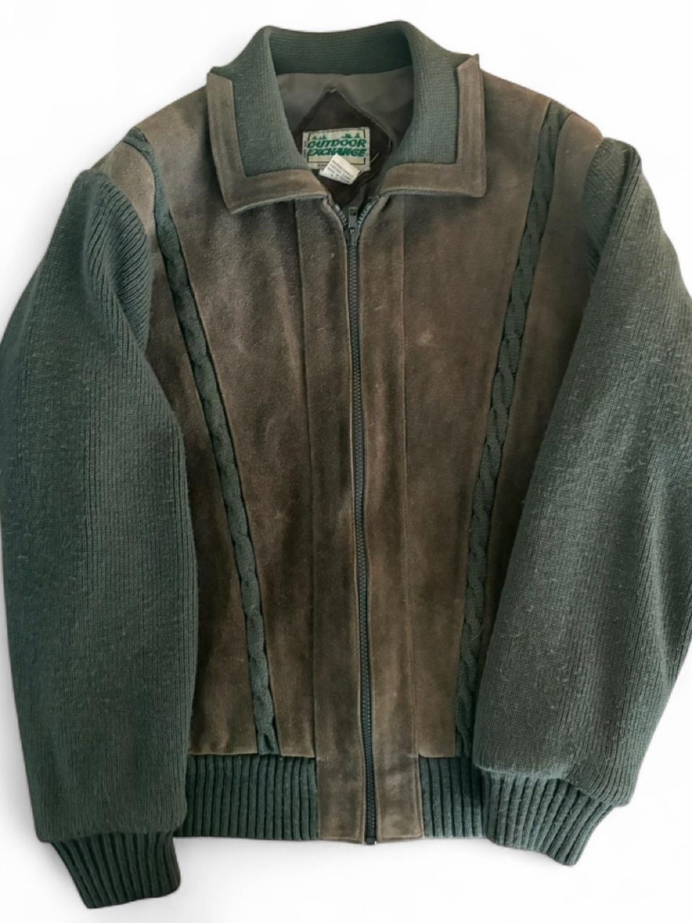 Vintage Outdoor Exchange Leather & Knit Bomber Jacket Green/Grey